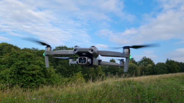 Drone in flight over a lush green field with a clear blue sky in Sharpenhoe, England.