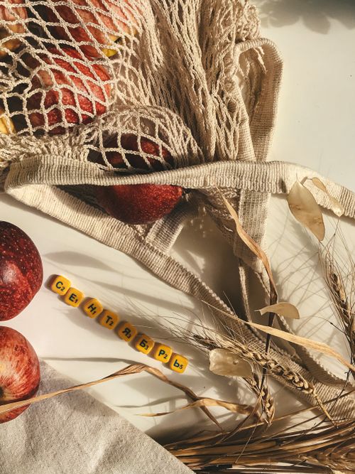 Free Flat lay of apples in a mesh bag with wheat and Scrabble tiles on a sunny autumn day. Stock Photo