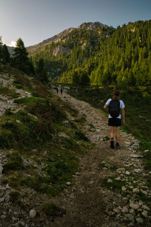 Free A person hiking along a rocky trail surrounded by lush green mountains under a blue sky. Stock Photo