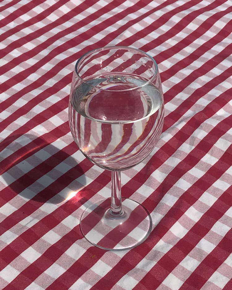 Wine Glass With Water On A Red Checkered Table Cloth