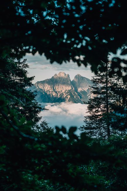 Stunning mountain view framed by green forest leaves, capturing nature's beauty.