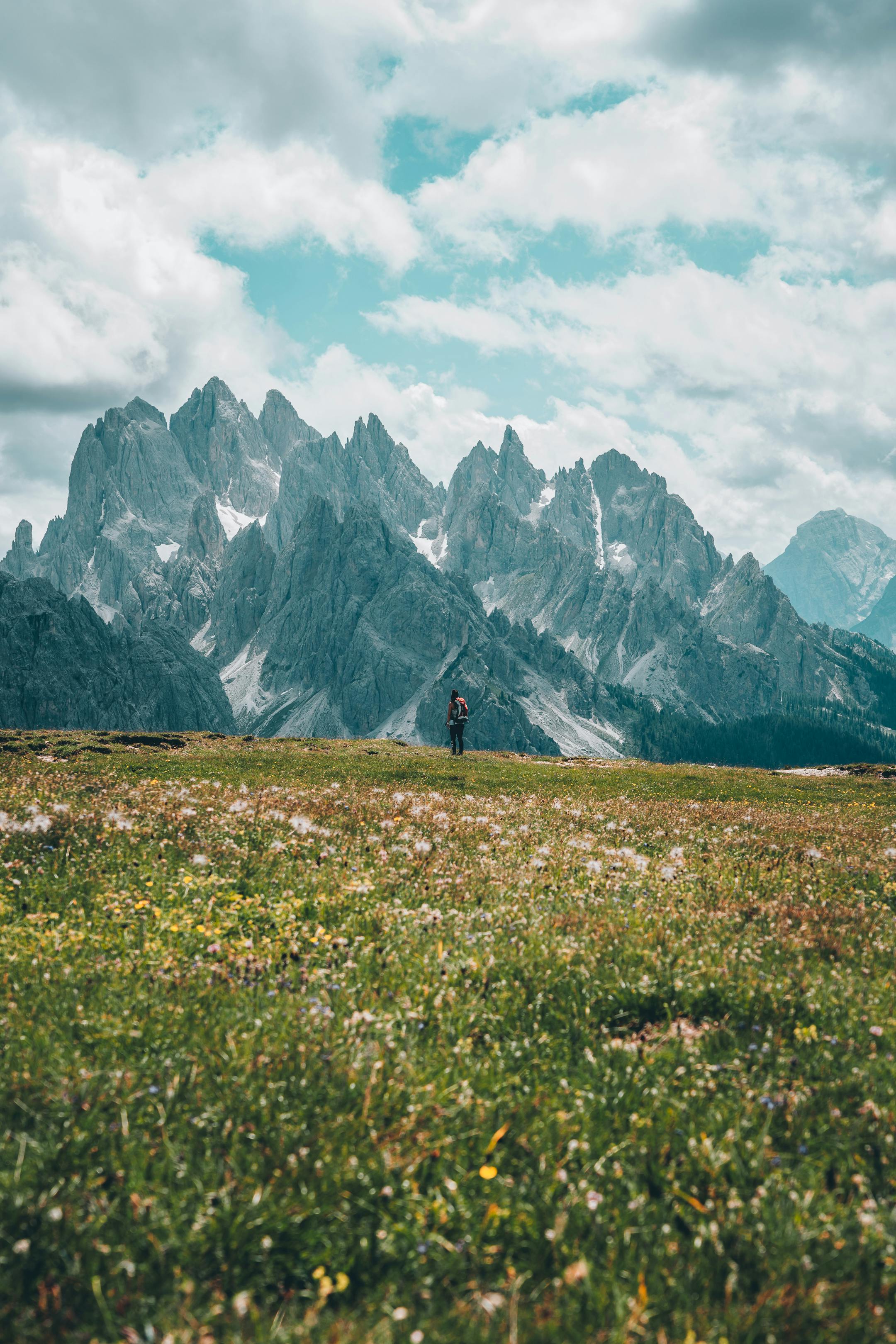 A lone hiker stands on a grassy field with dramatic mountain peaks under a cloudy sky.