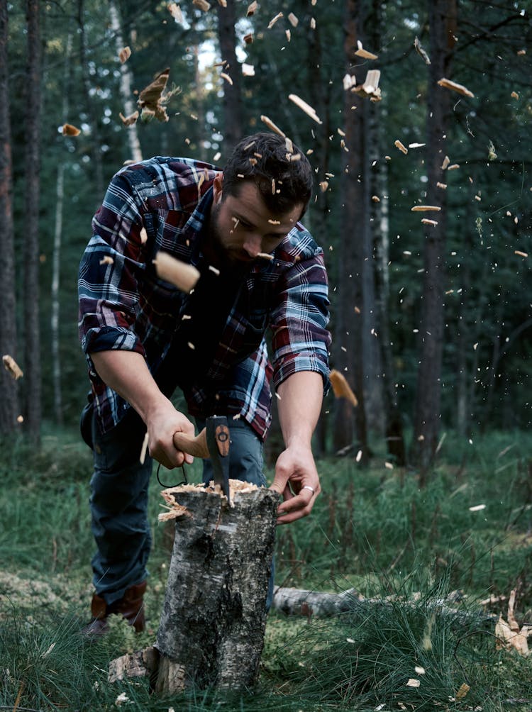 A Man Chopping The Tree Using Axe