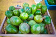 市场篮子里的新鲜绿鳄梨特写，突显了它们饱满的质地和鲜亮的颜色