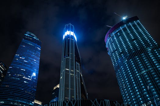 A breathtaking view of modern skyscrapers lit up against a night sky.
