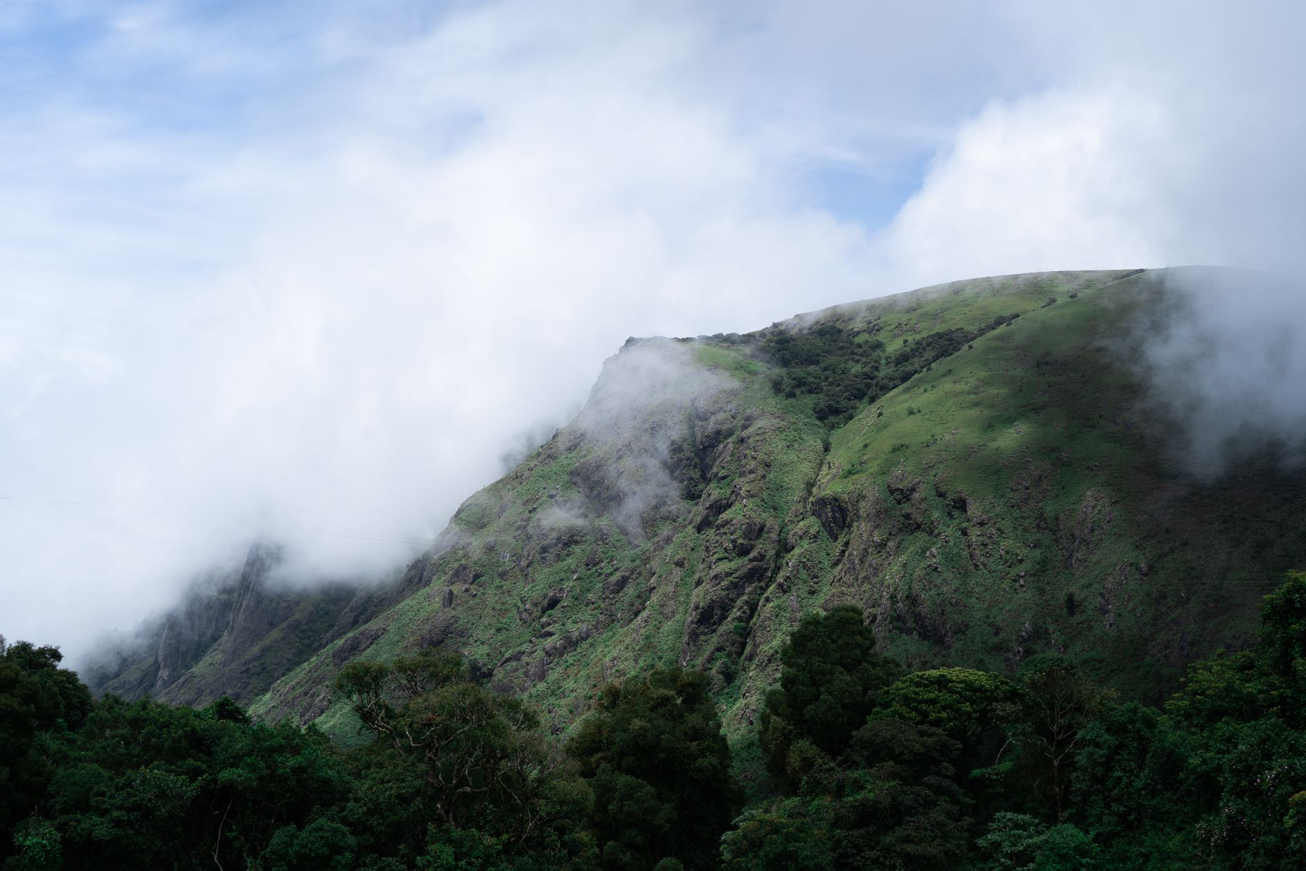 Green mountain under white clouds in Ooty