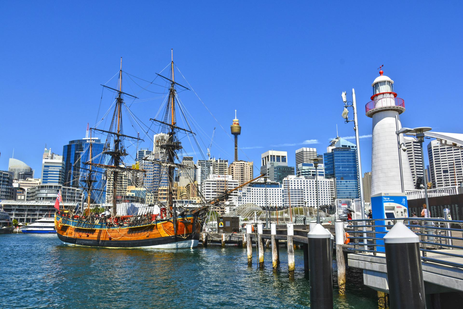 Historic ship docked at Darling Harbour in vibrant Sydney cityscape.