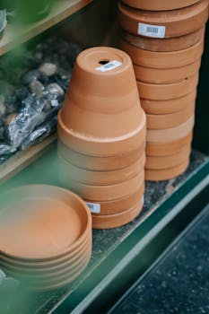 Vertical shot of stacked terracotta pots in a garden store. Perfect for gardening or pottery concepts.