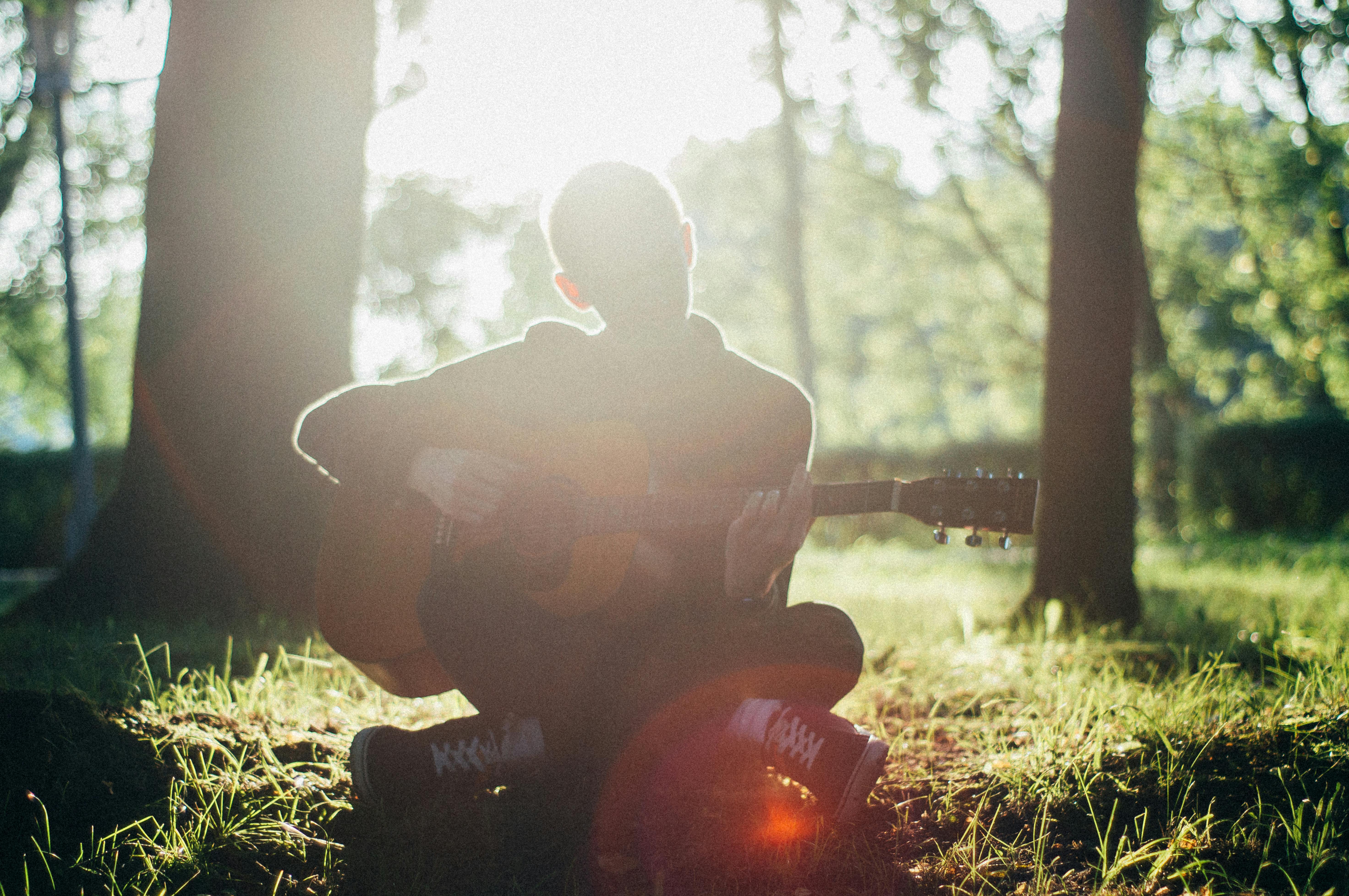 阳光明媚的森林中，吉他手弹奏原声吉他的剪影