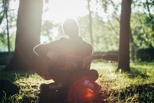 阳光明媚的森林中，吉他手弹奏原声吉他的剪影