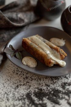 Delicious spring rolls with creamy drizzle, perfect for fine dining presentations.