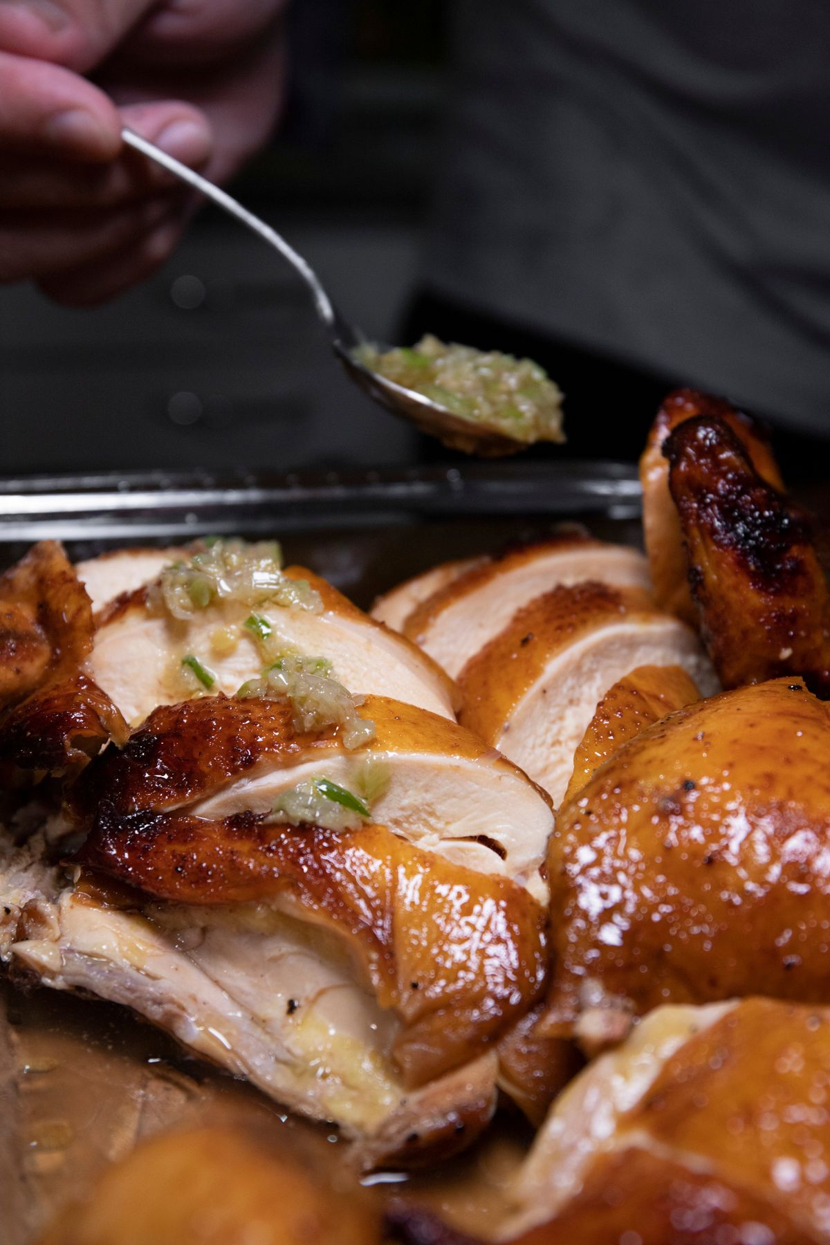 Sliced roasted turkey breast with garlic sauce