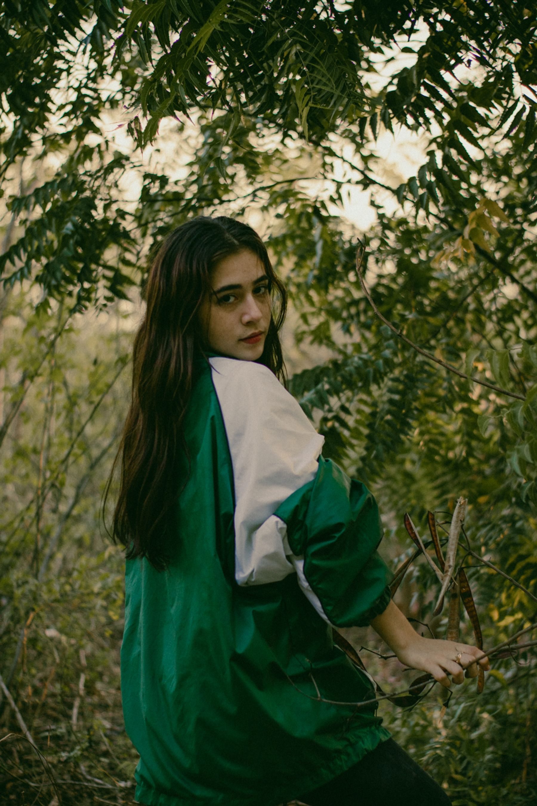 A Woman in Green Jacket Standing and Posing Beside Trees · Free Stock Photo