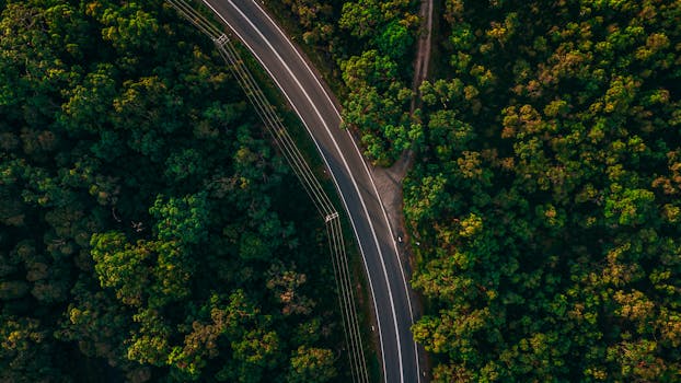 A stunning aerial shot of a winding road cutting through dense green forest.