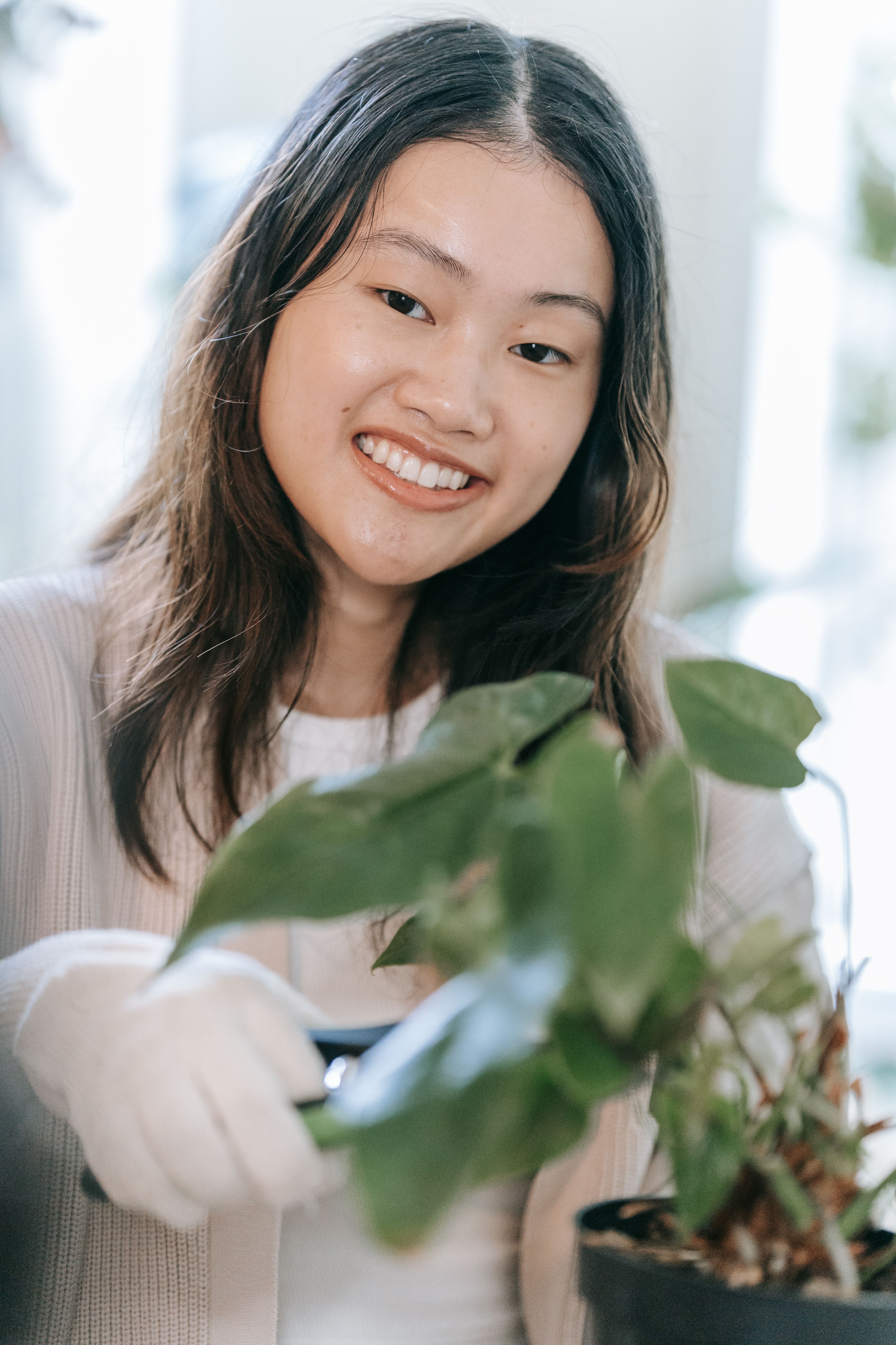 Woman Smiling Holding a Plant · Free Stock Photo