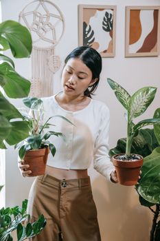 A young woman holding two potted plants inside a modern and stylishly decorated room.