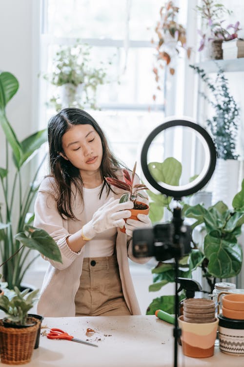 Free Woman Holding a Plant While Streaming Stock Photo