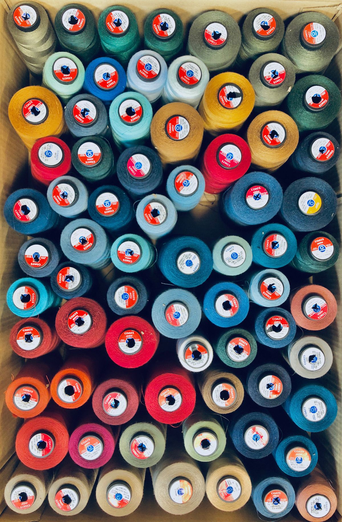 Colourful spools of thread arranged neatly in a box