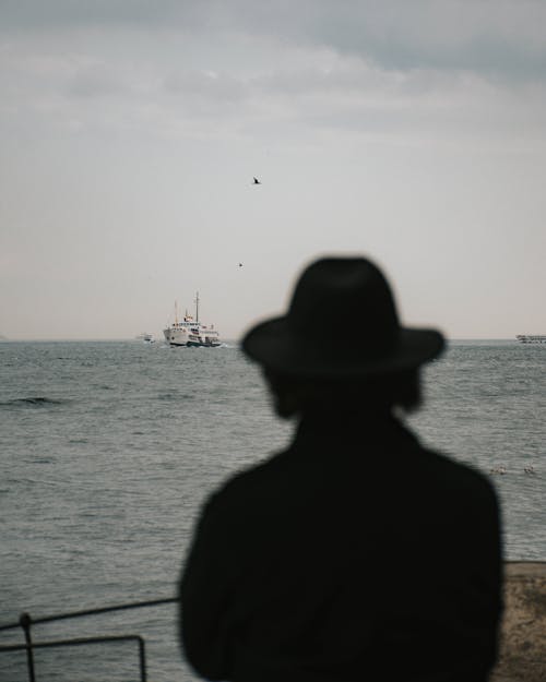 Silhouette of Person Wearing Hat Near Body of Water