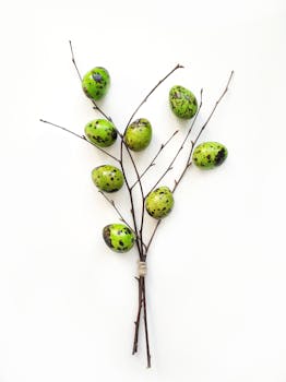 细树枝上排列着装饰有现代绿色和黑色斑点的蛋