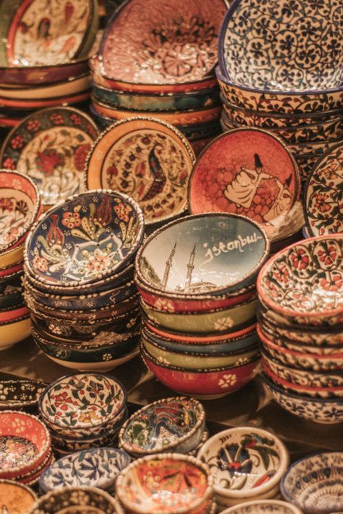 Free Vibrant handcrafted ceramic bowls stacked at a traditional Istanbul marketplace display. Stock Photo
