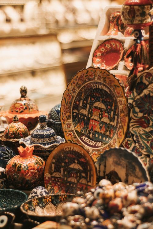 Free Close-up of ornate Istanbul souvenirs showcasing local art and crafts at a bustling bazaar. Stock Photo