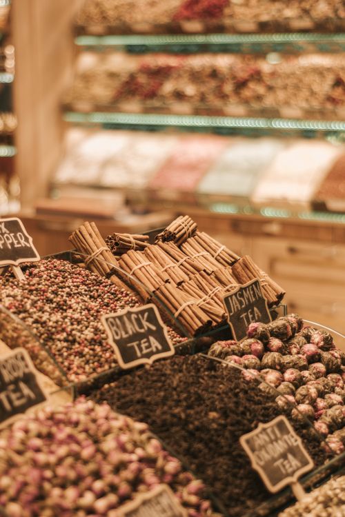 Free Close-up of tea and spice variety displayed in a market store. Stock Photo