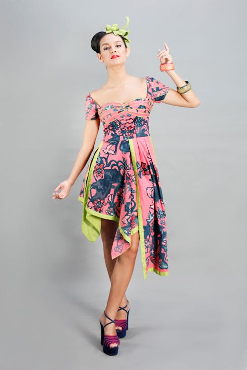 Stylish Woman in Pink Floral Dress