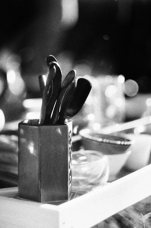 Grayscale Photo of Utensils