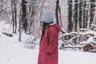 白雪皑皑的森林里站着一位穿着红色冬衣、戴着灰色帽子的人