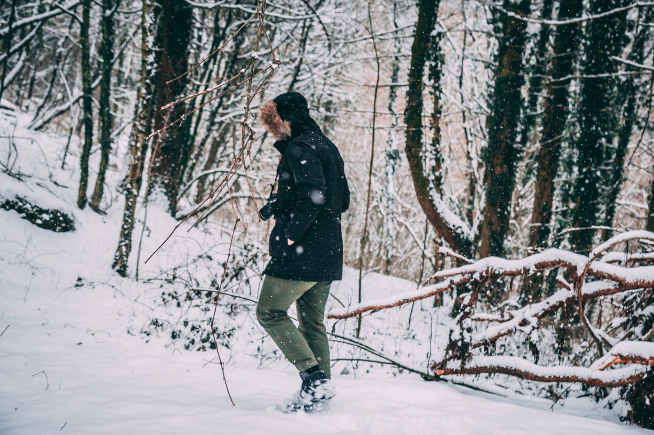 Person in a black parka walking through a snowy forest