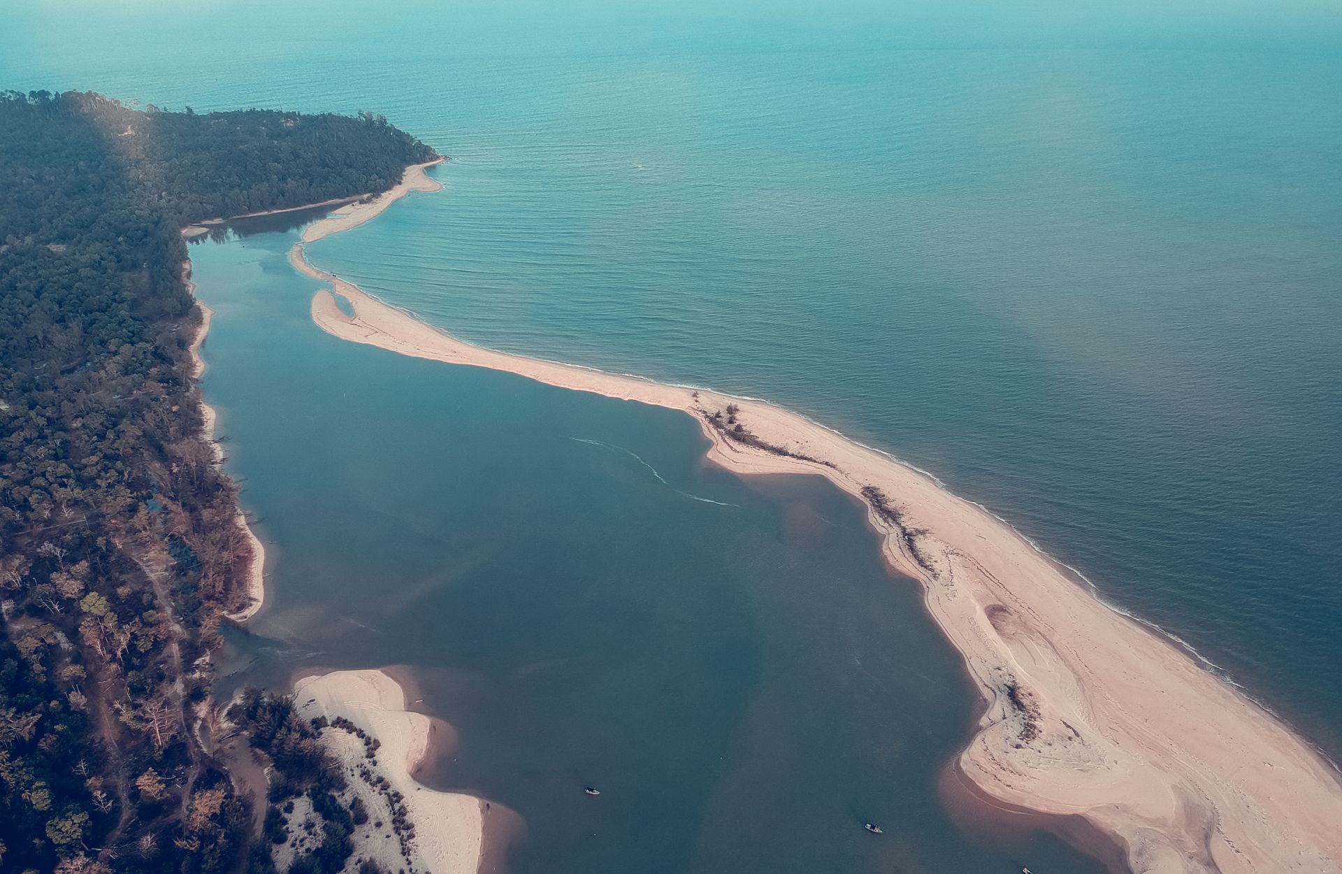 A stunning aerial view of a coastal bay with lush forests and a winding sandbar meeting the ocean.