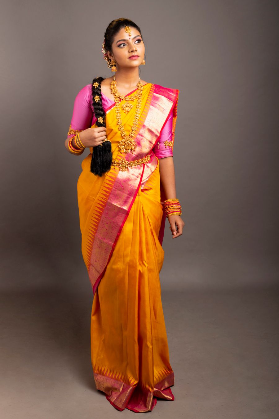 Elegant saree draping look with traditional makeup by Royal Glow Beauty Makeover