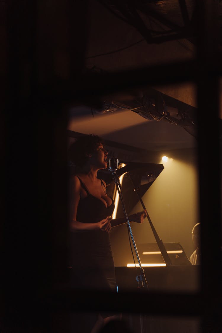 Woman In Black Dress Singing On Stage