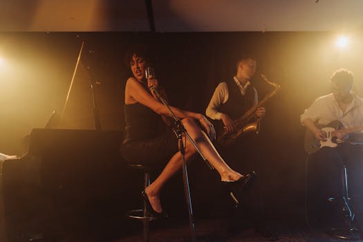 A lively jazz band performing with a singer, guitarist, pianist, and saxophonist.