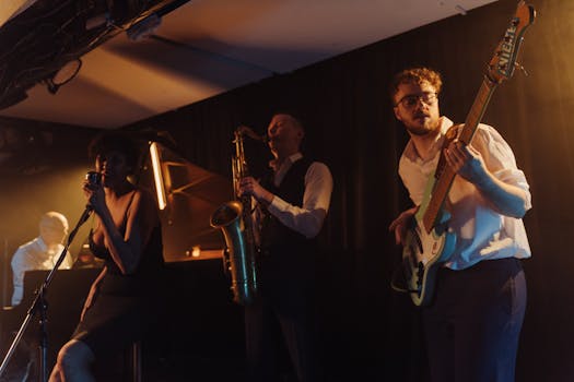 A vibrant live jazz performance with musicians playing saxophone, bass, and piano on stage.
