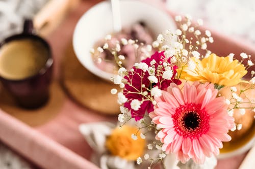 Shallow Focus Photography of Coffee and Dish With Pink Gerbera Daisy