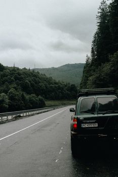Peaceful country road scene with a vehicle parked, flanked by lush forests under a cloudy sky.