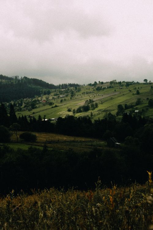 Free A serene view of lush green rolling hills under an overcast sky, perfect for scenic exploration. Stock Photo