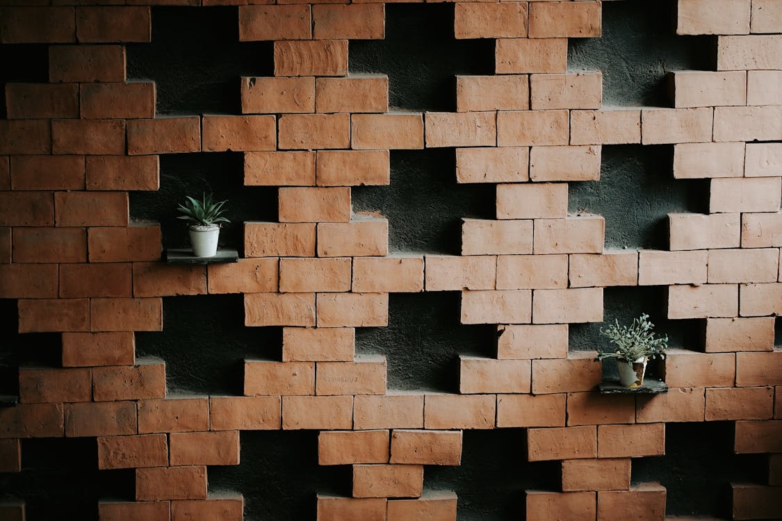 Free Plant Pots in the Shelves of Brick Wall Stock Photo