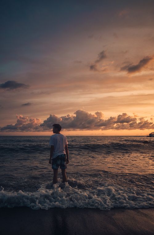 Free Silhouette of a man standing at the shore during a stunning sunset in Sochi, Russia. Stock Photo