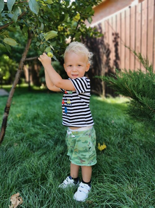Young Boy Wearing Stripe Shirt Standing on Green Grass 