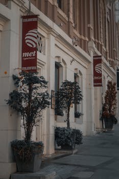 Charming city street with a classic building facade, featuring stylish outdoor planters.