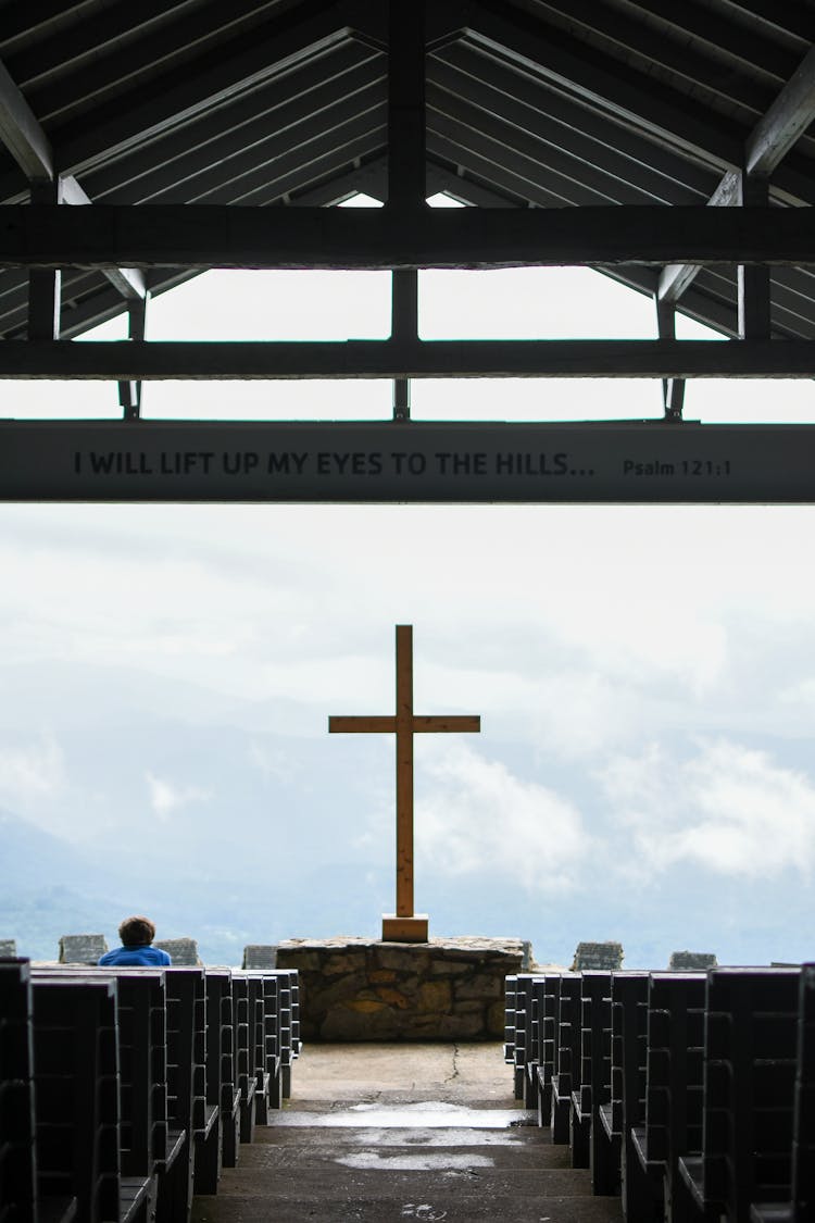 Cross In Old Stone Church Outdoors