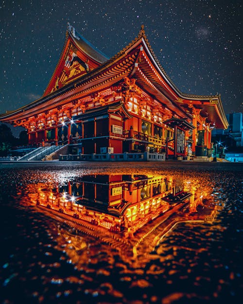 Low-Angle Shot of Sensō-Ji during Nighttime in Tokyo, Japan