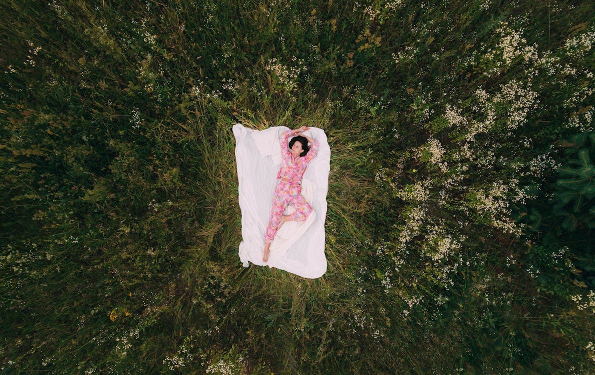 Free Drone Shot of a Woman Lying on Blanket in the Field Stock Photo