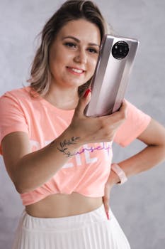 Smiling woman in pink crop top taking a selfie with a smartphone indoors.