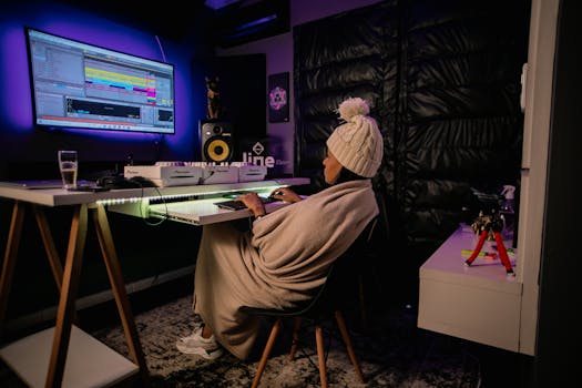 A person wrapped in a blanket working on music production in a cozy home studio setting.