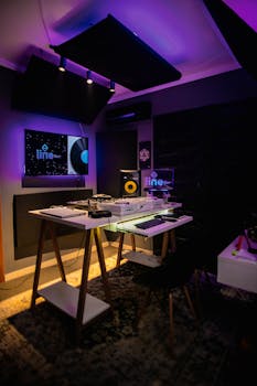 A stylish recording studio with neon lights, computer monitors, and audio equipment for music production.
