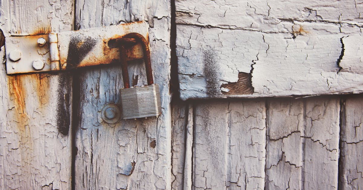 Photo by Tim Mossholder Close-up of a rusty padlock on a textured vintage wooden door with peeling paint.